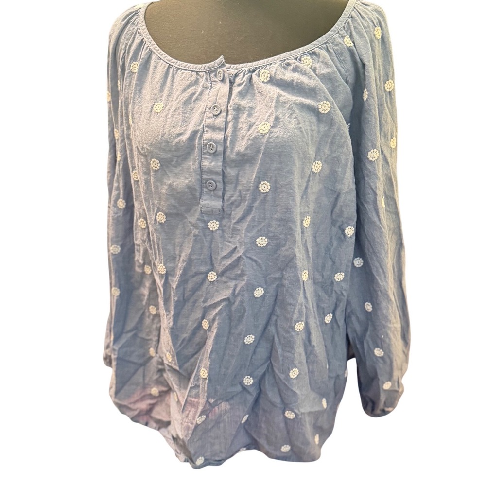 Talbots Plus Size 3XPetite Chambray Embroidered Peasant Blouse Long Sleeve Women